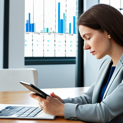 Home 11 A professional woman in a modest business suit, sitting thoughtfully at a modern desk, engaging with a digital tablet displaying abstract financial charts and graphs. The office environment is bright, clean, and organized, with natural light. The scene conveys a sense of diligent financial planning and clarity. Perfect anatomy, correct proportions, natural pose, well-formed hands, proper finger count, natural body proportions. Fully clothed, appropriate attire, professional dress, safe for work, appropriate content, professional photography, high quality.