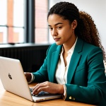 Female Entrepreneur in a Co-working Space**

"A young female entrepreneur, fully clothed in a stylish yet modest business casual outfit (e.g., blazer, blouse, tailored pants), working on a laptop at a shared workspace. Background features diverse individuals collaborating. Natural lighting, warm color palette, safe for work, appropriate content, professional setting, perfect anatomy, correct proportions, well-formed hands, proper finger count, natural body proportions."

**
