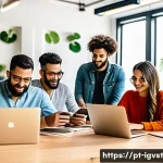 Home 18 대규모 앤젤 투자 전략 - A modern startup office scene in São Paulo, Brazil, featuring a diverse team of young entrepreneurs ...
